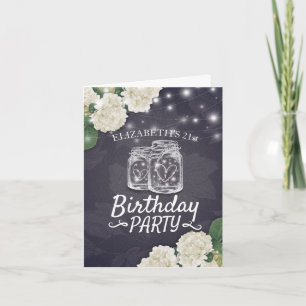 Birthday Party Mason Jars String Lights Hydrangeas Invitation