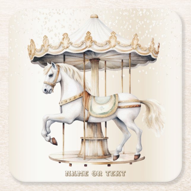 Birthday Party Merry Go Round Circus Carnival Square Paper Coaster (Front)