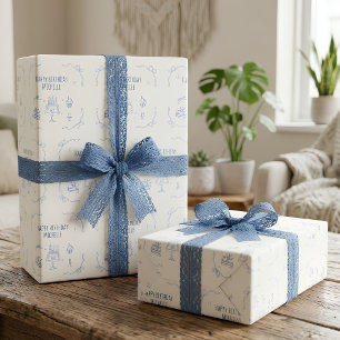 Birthday Party Minimalist Blue Happy Birthday Name Wrapping Paper