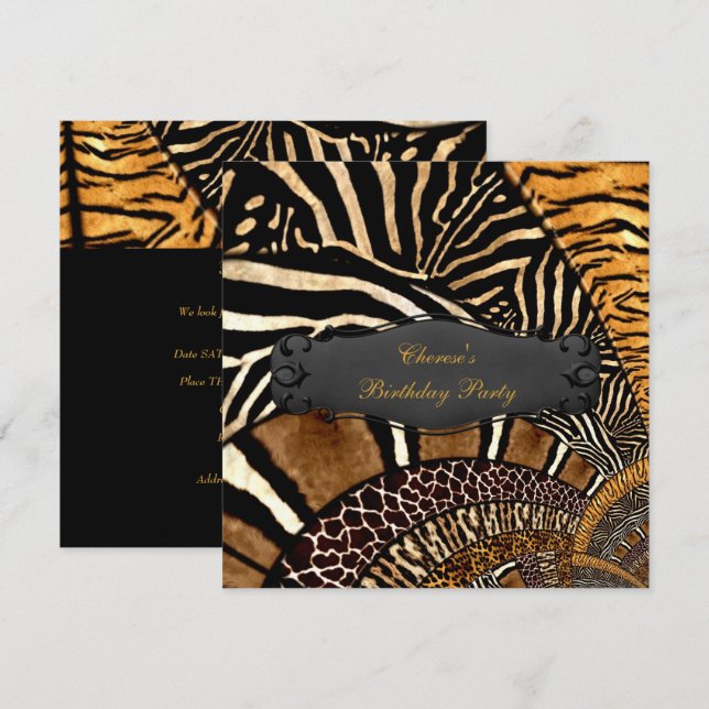 Birthday Party Mixed Animal Prints Gold Black 3 Invitation (Front/Back)