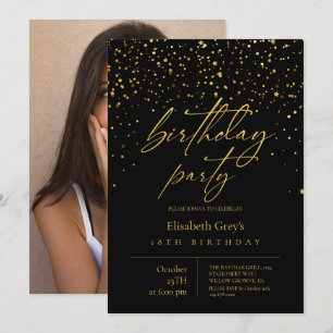 Birthday Party Modern Black Gold Glitter Invitation