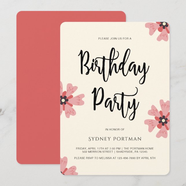 Birthday Party Modern Pretty Floral Invitation (Front/Back)