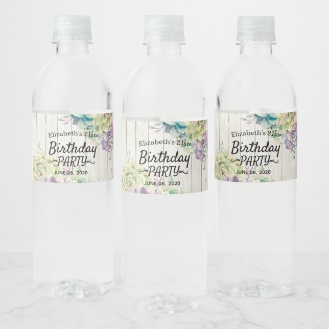 Birthday Party Modern Succulent Plants Rustic Wood Water Bottle Label (Bottles)