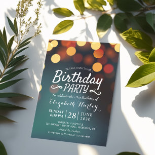 Birthday Party Modern Teal Gold Bokeh String Light Invitation