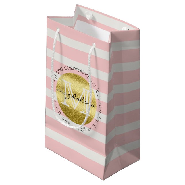 Birthday Party Monogram Gold Glitter Pink Stripes Small Gift Bag (Front Angled)