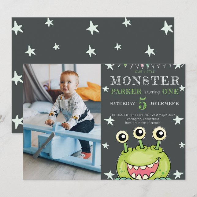 Birthday Party Monster Kids Photo Invitation (Front/Back)