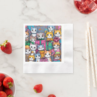 Birthday party napkins with gifts and kittens