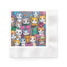 Birthday party napkins with gifts and kittens