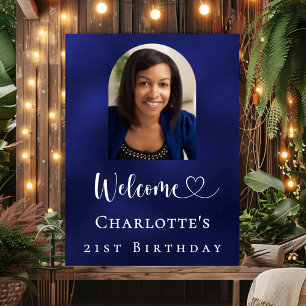 Birthday party navy blue arch photo welcome poster