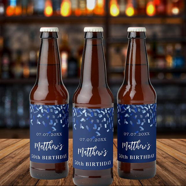 Birthday party navy blue confetti name beer bottle label (Creator Uploaded)