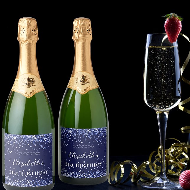 Birthday party navy blue confetti name sparkling wine label (Creator Uploaded)