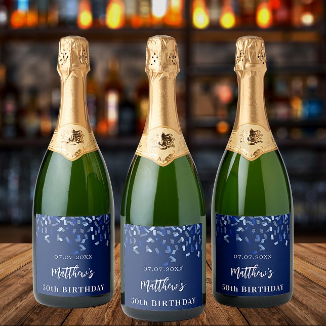 Birthday party navy blue confetti name  sparkling wine label (Creator Uploaded)