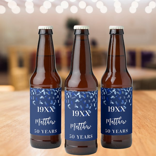 Birthday party navy blue confetti name years beer bottle label (Creator Uploaded)