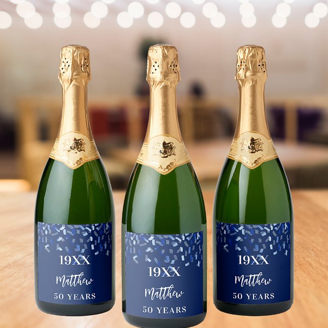 Birthday party navy blue confetti name years sparkling wine label (Creator Uploaded)