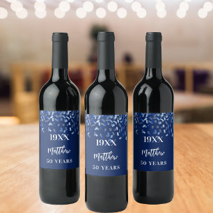 Birthday party navy blue confetti name years wine label