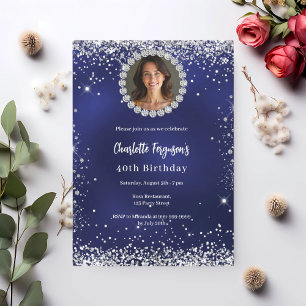Birthday party navy blue diamond photo invitation