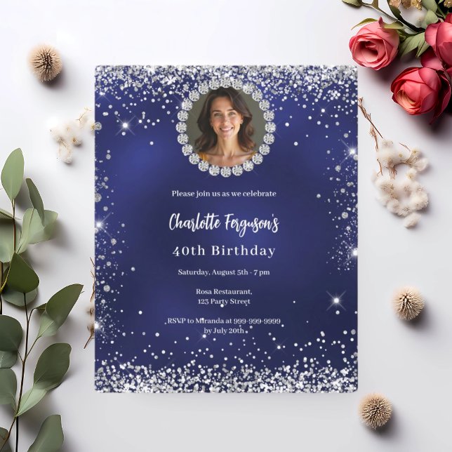 Birthday party navy blue diamond photo invitation (Creator Uploaded)