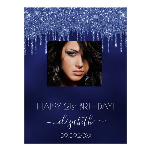Birthday party navy blue glitter drips photo poster (Front)
