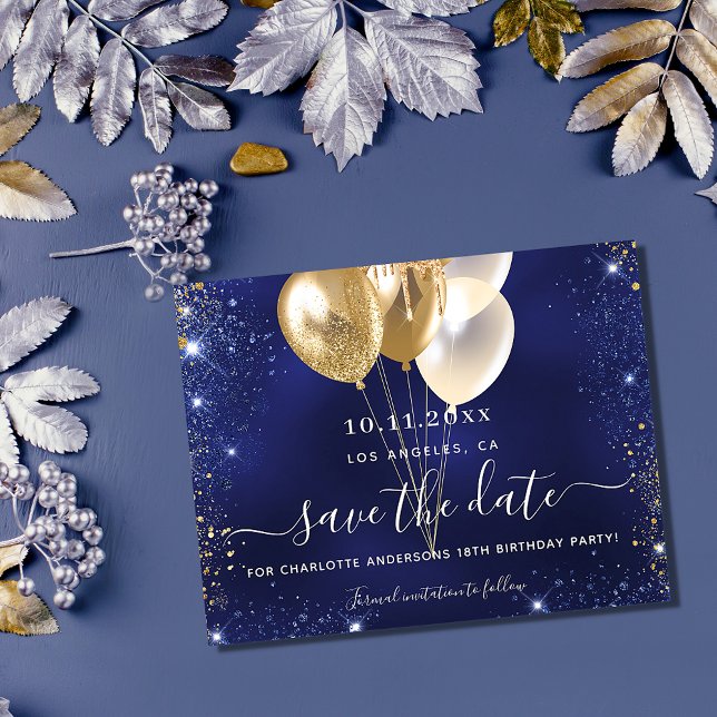Birthday party navy blue gold budget save date flyer (Creator Uploaded)