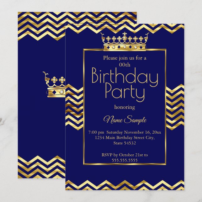 Birthday Party Navy Blue Gold Crown Chevron Invitation (Front/Back)