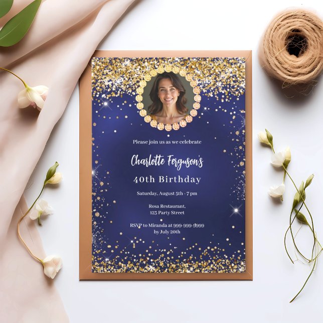 Birthday party navy blue gold diamond photo invitation (Creator Uploaded)