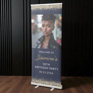 Birthday Party Navy Blue Gold Glitter Photo Retractable Banner