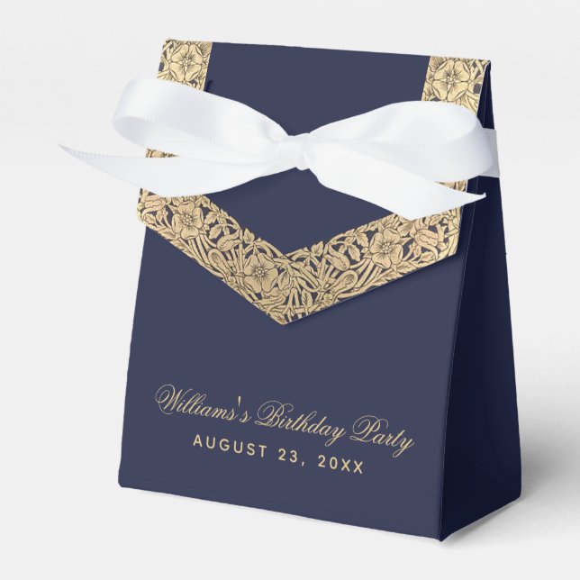 Birthday Party  Navy Blue Gold Roses Classy Script Favour Box (Front Side)