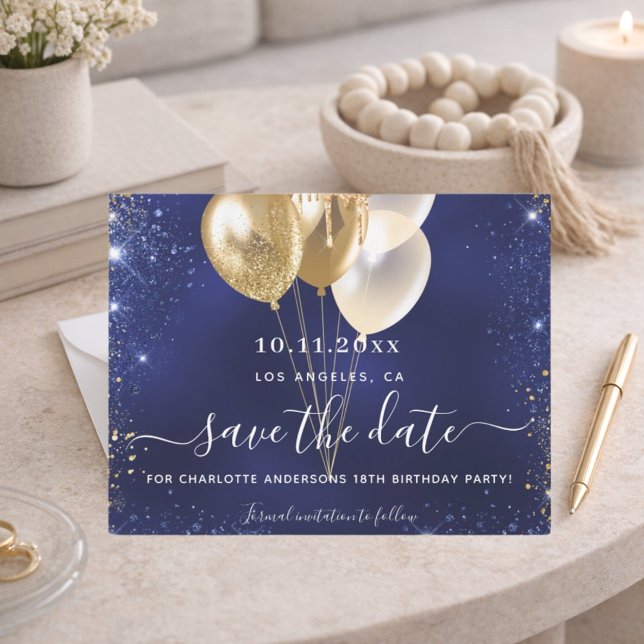 Birthday party navy blue gold save the date card (Creator Uploaded)