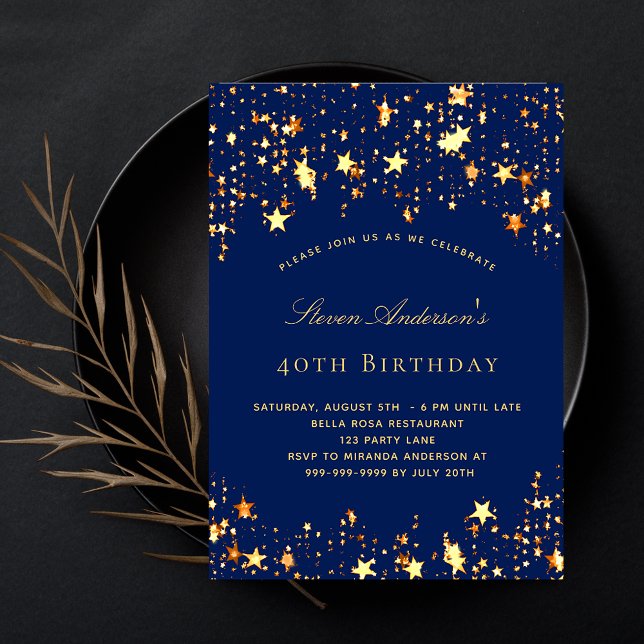 Birthday party navy blue gold stars invitation (Creator Uploaded)