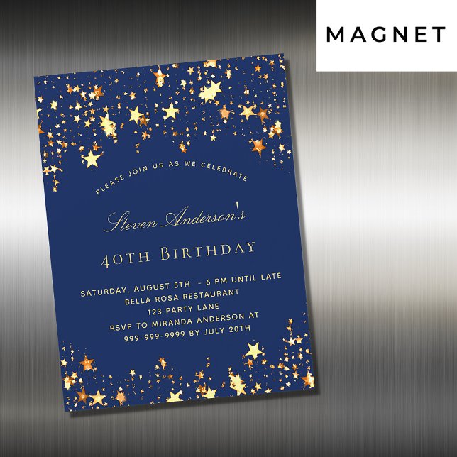 Birthday party navy blue gold stars luxury magnetic invitation (Creator Uploaded)