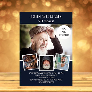 Birthday party navy blue photo collage luxury invitation