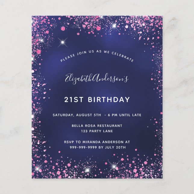 Birthday party navy blue pink budget invitation flyer (Front)