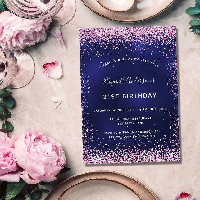 Birthday party navy blue pink glamourous invitation (Creator Uploaded)