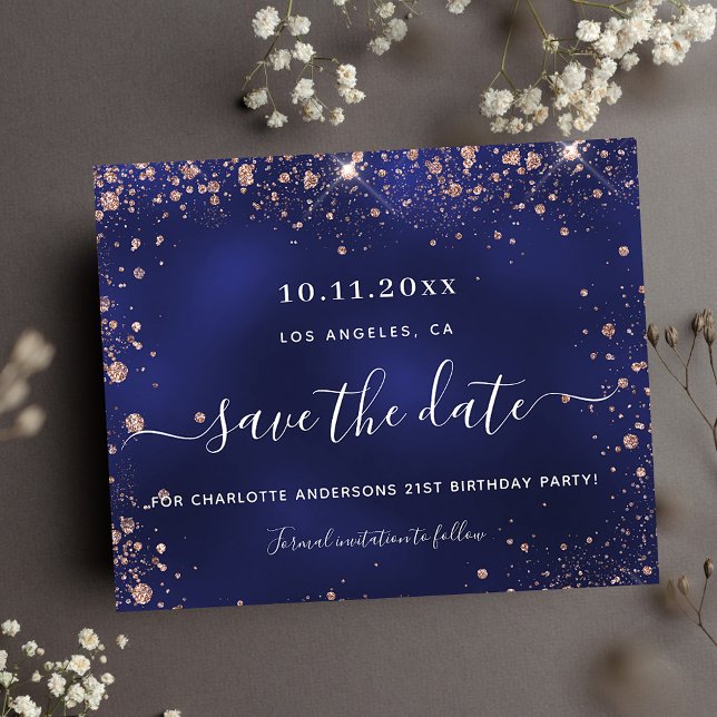 Birthday party navy blue rose budget save date flyer (Creator Uploaded)