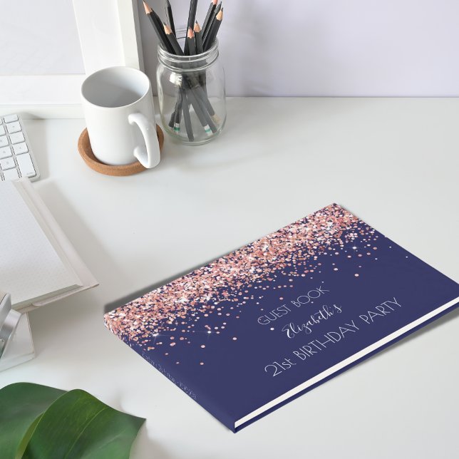 Birthday party navy blue rose gold glitter guest book (Creator Uploaded)
