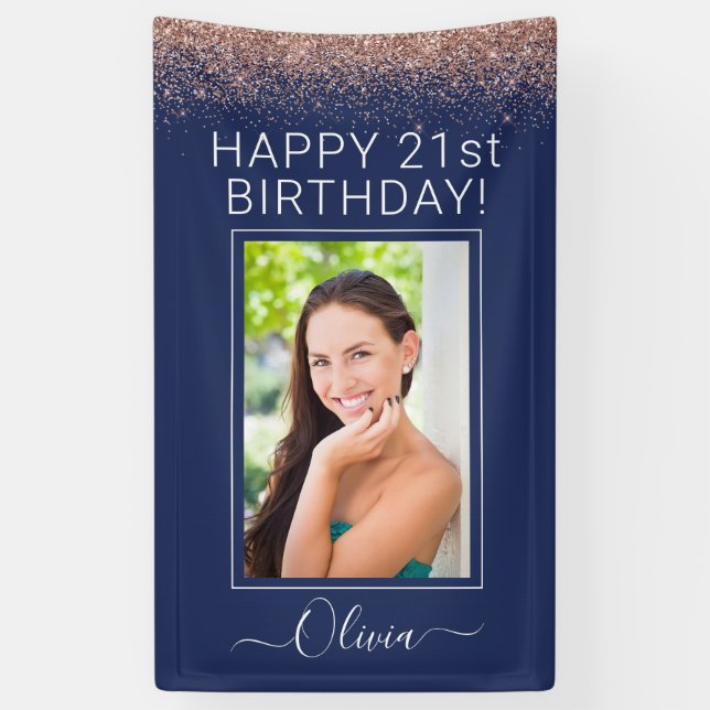 Birthday Party Navy Blue Rose Gold Pink Glitter Banner (Vertical)