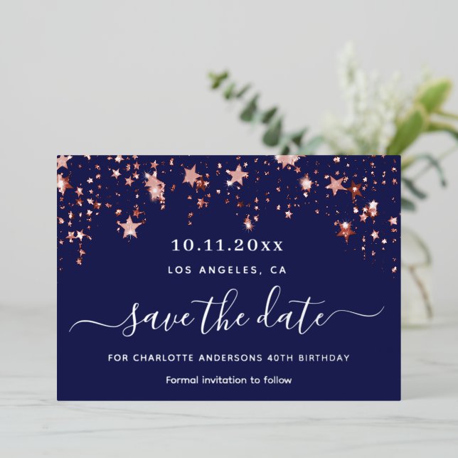 Birthday party navy blue rose Save the Date Foil Holiday Card (Standing Front)