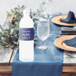 Birthday party navy blue silver sparkles water bottle label