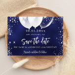 birthday party navy blue white balloons  save the date<br><div class="desc">A girly and trendy Save the Date card for a 18th (or any age) birthday party. A navy blue uneven coloured background. Decorated with faux silver glitter and white balloons. The text: Save the Date is written with a large trendy hand lettered style script.</div>