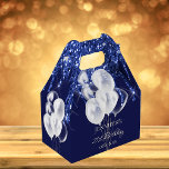 Birthday party navy blue white glitter balloons favour box<br><div class="desc">Elegant, classic, glamourous and girly for a 21st (or any age) birthday party favours. A navy blue background colour. On the front and the back: Personalise and add a name, age 21 and a date. The name is written with a modern hand lettered style script. Decorated with blue faux glitter...</div>