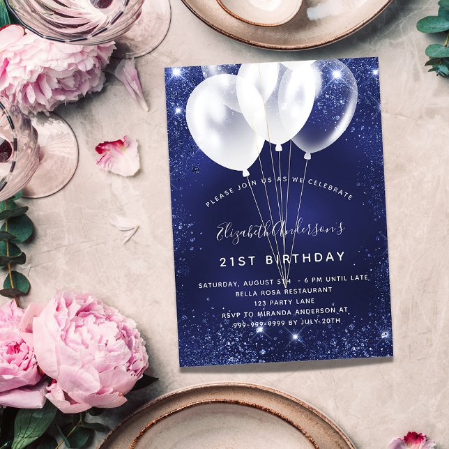 Birthday party navy blue white glitter balloons invitation (Creator Uploaded)