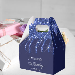 Birthday party navy blue white glitter drips name favour box