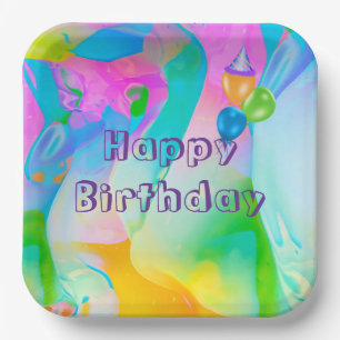 Birthday Party Neon Rainbow Abstract Paper Plate