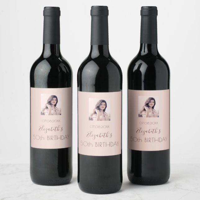 Birthday party night photo rose gold pink women wine label (Bottles)