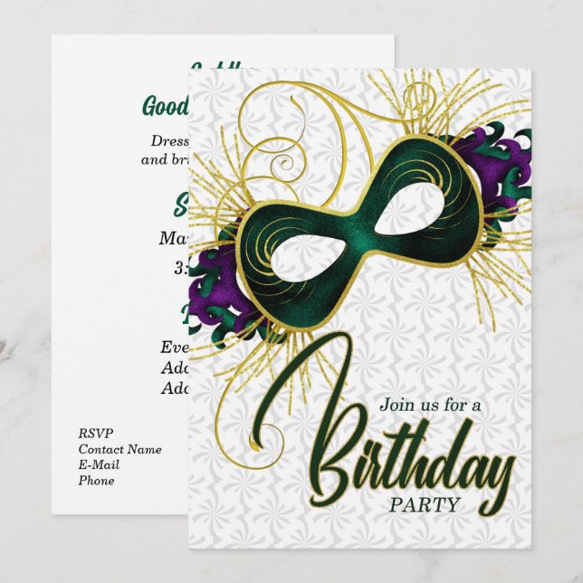 Birthday Party on Mardi Gras Mask Invitation (Front/Back)