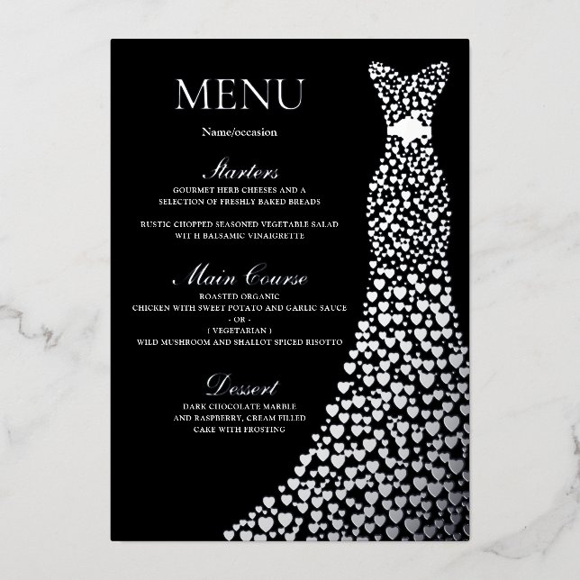 Birthday Party or Bridal Shower Black Menu Silver  (Front)