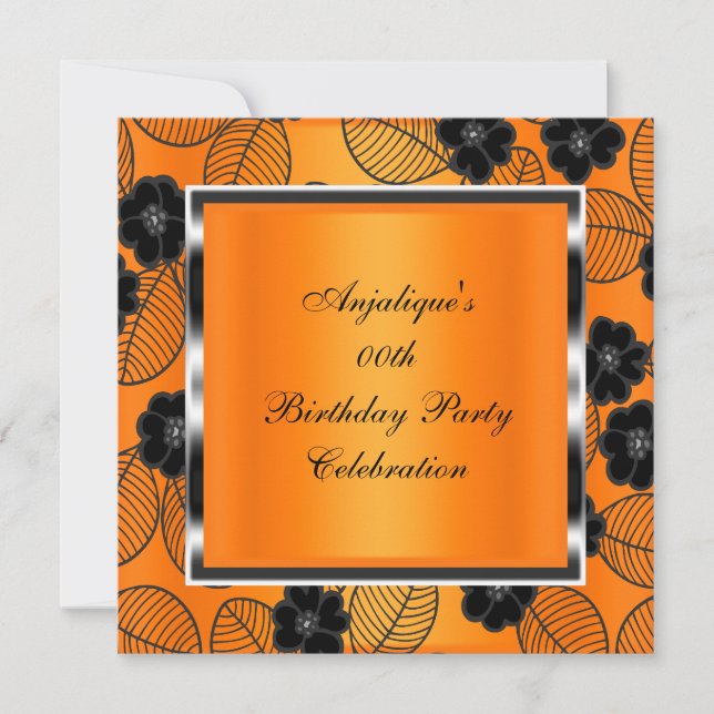 Birthday Party Orange Damask Silver Black Invitation (Front)