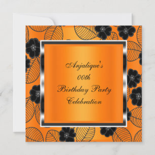 Birthday Party Orange Damask Silver Black Invitation