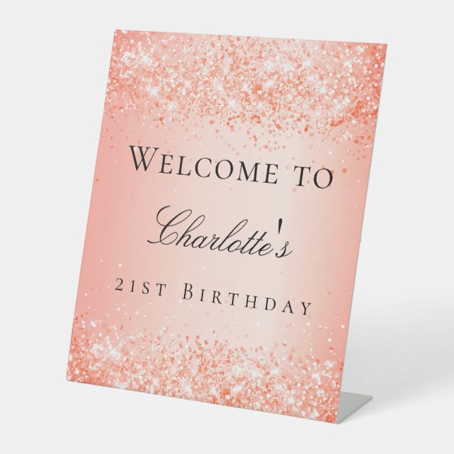Birthday party orange glitter welcome pedestal sign (Front)