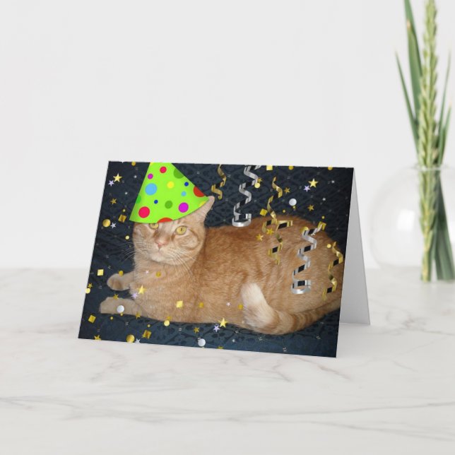 Birthday Party Orange Tabby Cat Card (Front)